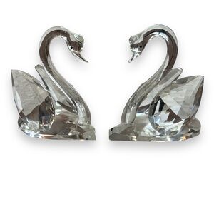 Pair Clear 3" Swan Figurines Unmarked Black‎ Eye Rainbow Shine Effect